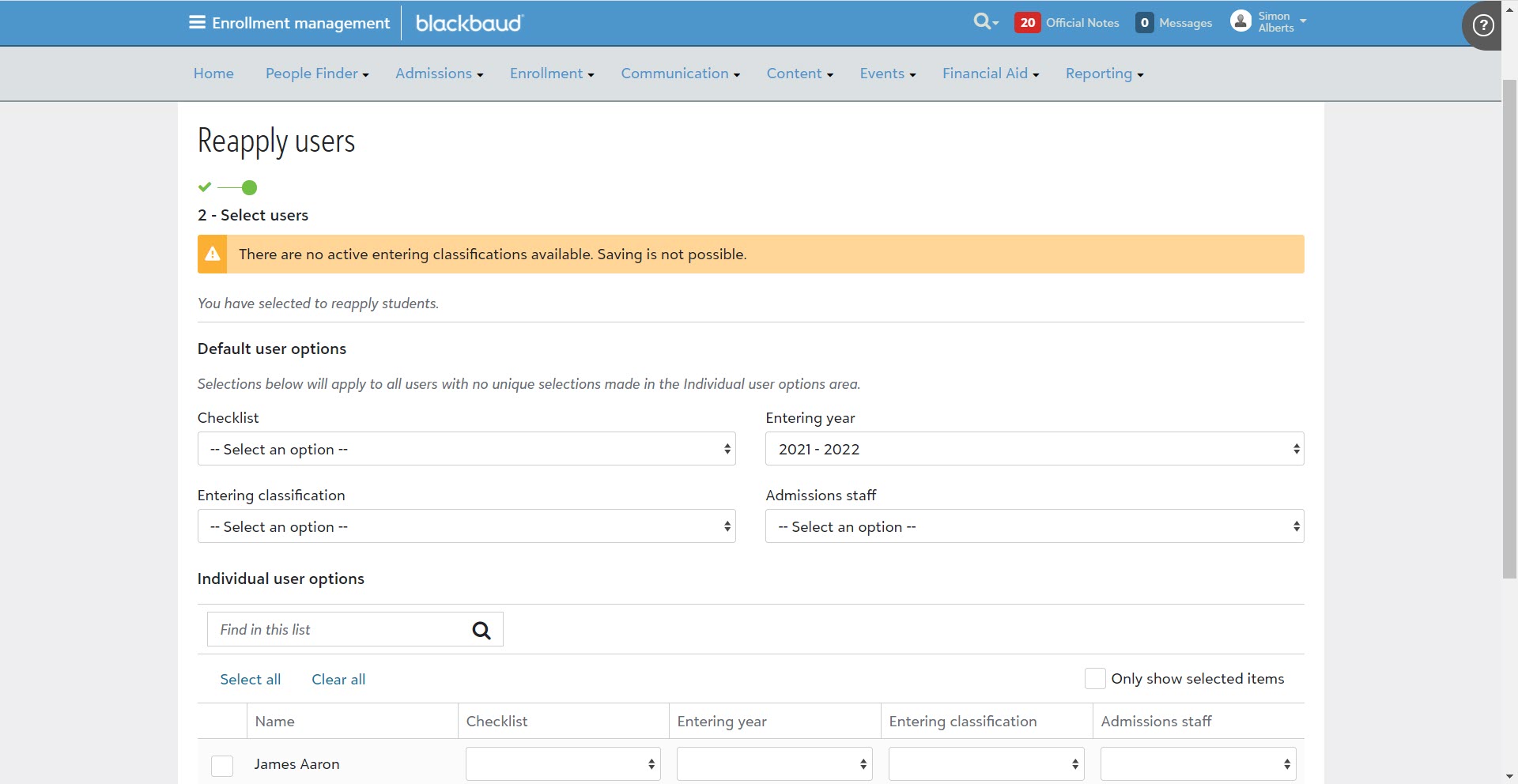 The second step of the Reapply Users process: Select users